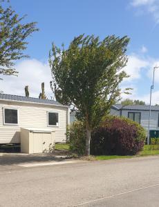 una casa con un árbol al lado de una calle en The Beautiful 3 bedroom static caravan, on Haven Golden sands Mablethorpe, en Mablethorpe