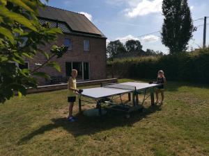 dos niños parados alrededor de una mesa de ping pong en un patio en Gîte coquet 2 chambres, 2 salles de douches avec piscine, spa en Namur