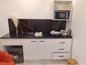 a small kitchen with a sink and a microwave at Keur Buur in Dakar +6 photos
