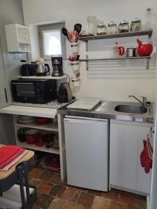 a small kitchen with a sink and a microwave at Ma Chambre d'Amis in Saint-Clément-des-Baleines