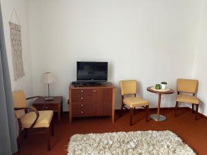 uma sala de estar com uma televisão, cadeiras e uma mesa em Simply rooms em Slavkov u Brna