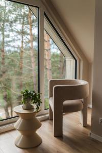 a chair in front of a window with a potted plant at Leśny Duet in Huta Podgórna