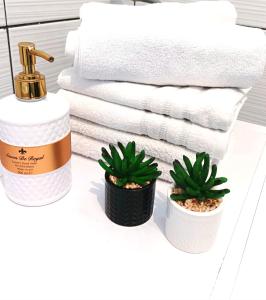 a bathroom with towels and plants on a table at Dina apartman Jablaničko jezero in Konjic