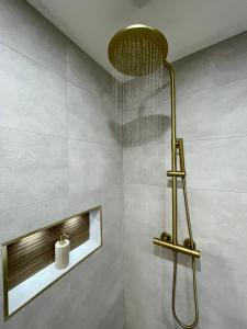 una doccia con soffione dorato in bagno di The Meadows Hideaway a Doolin