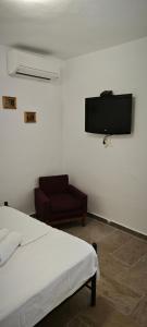 a bedroom with a bed and a chair and a flat screen tv at ANASA in Ios Chora