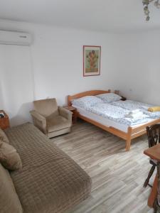 1 dormitorio con 1 cama y 1 silla en Joky Katona Rooms & Apartments, en Palić