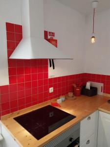 uma cozinha com paredes de azulejos vermelhos e uma bancada em Casa dos Corvos em Mértola