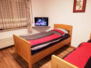 1 dormitorio con 2 camas y TV en la pared en Schickes Apartment in Rottweil, en Rottweil