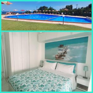 a hotel room with a bed and a swimming pool at La Via dei Trabocchi in Rocca San Giovanni