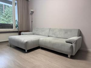un sofá gris en una sala de estar con ventana en Forest apartments, en Kouvola
