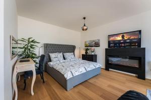 een slaapkamer met een bed en een flatscreen-tv bij Romantic wellness apartment in Praag