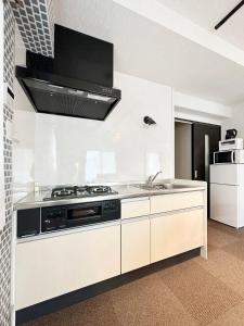 a kitchen with a stove and a sink at bHOTEL Nagomi - Beautiful 2BR Apt City Center for 10 Ppl in Hiroshima +20 photos