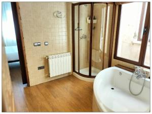 een badkamer met een douche en een bad bij Magnífico Alojamiento en el centro in Valdepeñas