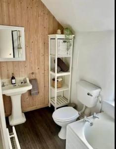 Shottery的住宿－Haven Cottage, Hot Tub，浴室配有白色卫生间和盥洗盆。