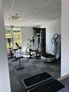 - une salle de sport avec plusieurs tapis de course et machines dans l'établissement La Bonbonniere - Sure Hotel Collection by Best Western, à Dijon