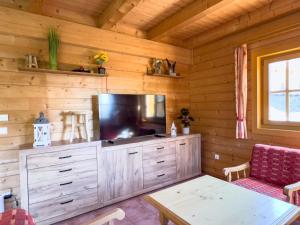a living room with a television on a wooden wall at 1A Chalet Enzianhuette - im Wander und Skigebiet in Elsenbrunn