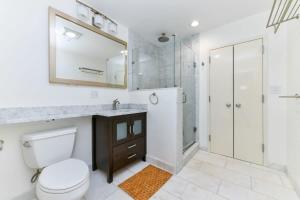 a bathroom with a toilet and a shower and a sink at South End Hospitality: Downtown Crossing Large Lofted Condo Location in Boston