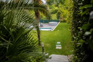 een achtertuin met een zwembad in het gras bij Villa Green Paradise in Castel San Pietro Terme