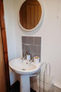 a bathroom with a sink and a mirror at Woodpecker Lodge- A Pet Friendly Rural Retreat in Callington +36 photos