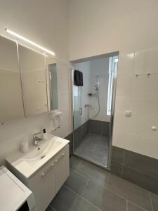 a white bathroom with a shower and a sink at Paky Appartements 00210 in Vienna
