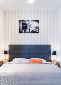 łóżko z niebieskim zagłówkiem i dwoma stolikami bocznymi w obiekcie Silvie Apartments - Wolkerova w Ołomuńcu