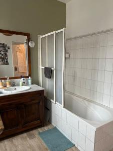 y baño con bañera, lavabo y espejo. en Chez David et Bene, en Rennes