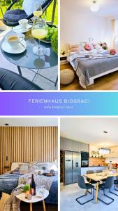 a collage of three pictures of a bedroom and a kitchen at Ferienhaus Biograci in Široki Brijeg