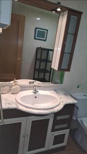 een badkamer met een witte wastafel en een spiegel bij Apartamento Pinseque in Pinseque