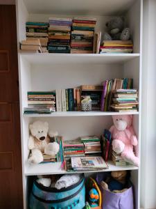 półki z książkami i wypchanymi zwierzętami w obiekcie Agroturystyka Tęczowa Dolina w mieście Bodzentyn