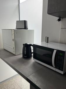 eine Mikrowelle auf einer Theke in einer Küche in der Unterkunft Ferienwohnung mit fantastischem Ausblick & SmartTv in Waldstetten