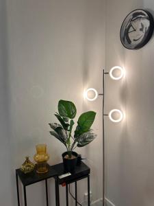 a room with two side tables with a plant and lights at Modern Home proche de Disneyland et Paris in Champs-Sur-Marne