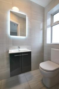 a bathroom with a toilet and a sink and a mirror at Urban Nest Townhouse in Galway