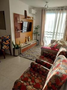 a living room with a couch and a tv at Apto ao lado do Parque UNA in Pelotas