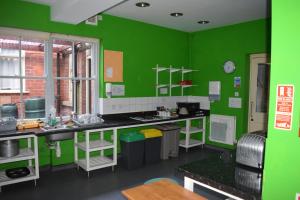 a green kitchen with a sink and a counter at Kington Accommodation in Kington