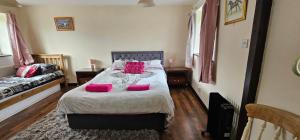 Trelawney Cottage, Sleeps up to 4, Wifi, Fully equipped في Menheniot: غرفة نوم مع سرير مع وسائد وردية عليه