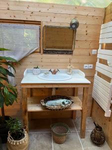 a bathroom with a sink in a wooden wall at chalet sous le chant du chêne in La Roque-dʼAnthéron +14 photos