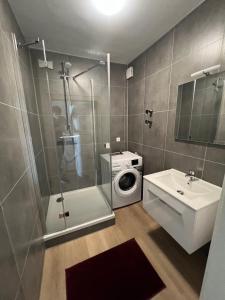 uma casa de banho com um chuveiro e uma máquina de lavar roupa em Zentrale Apartments in Bayreuth em Bayreuth