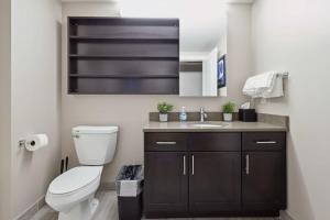 La salle de bains est pourvue de toilettes et d'un lavabo. dans l'établissement 2BR Downtown Luxury Getaway, à Detroit