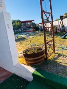 una maceta en un barril junto a un patio de recreo en Kholofelo house, en Saldanha