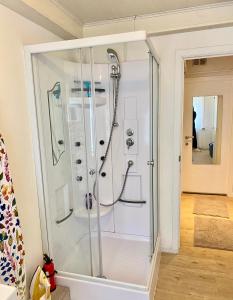um chuveiro com uma porta de vidro na casa de banho em Chambre Chants d'oiseaux em Bruxelas
