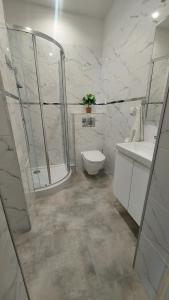 a bathroom with a shower and a toilet and a sink at Wanta 2 Kołobrzeg in Kołobrzeg +5 photos
