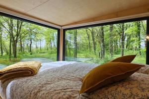 Sonchamp的住宿－Tiny House La Clairière au milieu des bois !，一间卧室设有一张床和一个大窗户