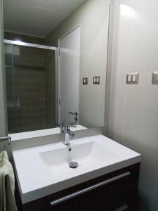 a bathroom with a white sink and a mirror at Mejor Ubicación de Puerto Varas con Estacionamiento Servicio HOM in Puerto Varas