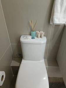 un bagno con servizi igienici e una pianta sopra di HOM I Departamento Estudio en Mejor Zona Frente al Mall 1218 ad Antofagasta