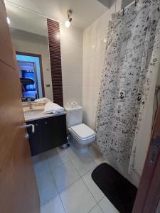 a bathroom with a toilet and a sink and a shower curtain at Dúplex En Valle Nevado 6PAX, Valle de Cóndores II Servicio HOM in Lo Barnechea