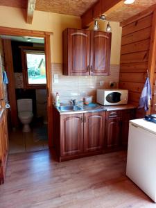 a kitchen with wooden cabinets and a sink and a microwave at Domek 667-798-007 in Polańczyk