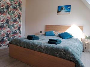 Un dormitorio con una cama con almohadas azules. en CASTEL HOME, en Châteaubourg