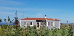 a white house with a red roof in a field at Adayel Bagevi & Butik Otel in Bozcaada