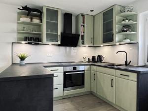 a kitchen with green cabinets and a sink at Gästehaus Theo in Gotha