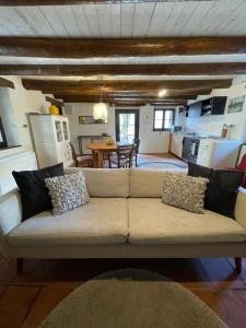 a living room with a couch and a kitchen at Verzasca Lodge Matilde in Frasco